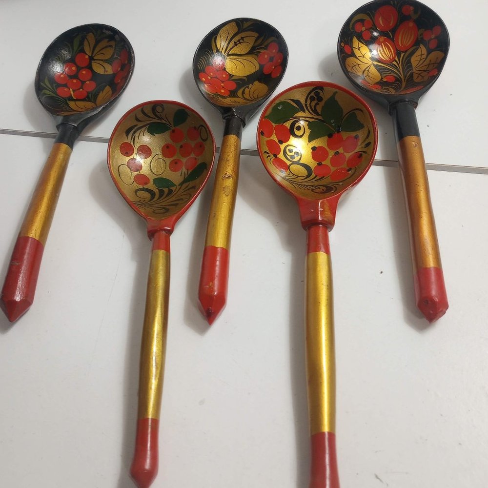 Vintage Wooden Hand carved and Hand Painted Russian Spoons